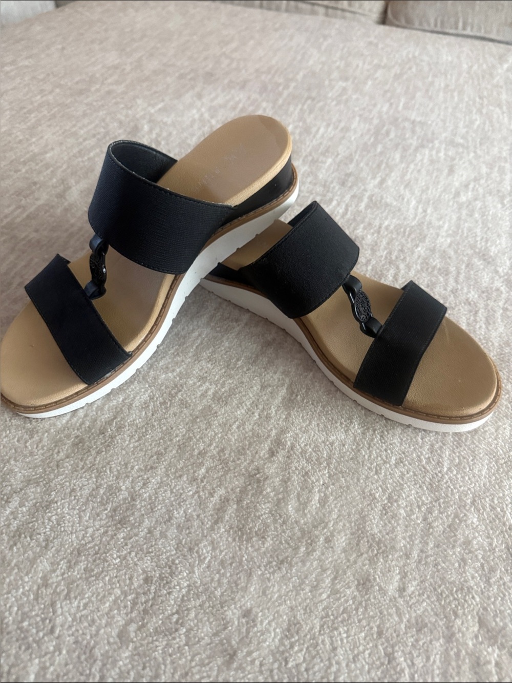 Anne Klein Black Double-Band Slide Sandals with Gold Medallion Accent - Picture 8 of 10